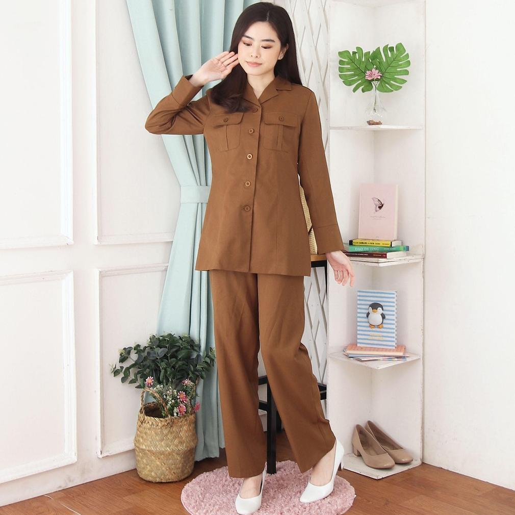 Limited Blazer Seragam Kerah Jas Lengan Panjang 1 Baris Kancing Setelan Rok Span / Celana Panjang Wa