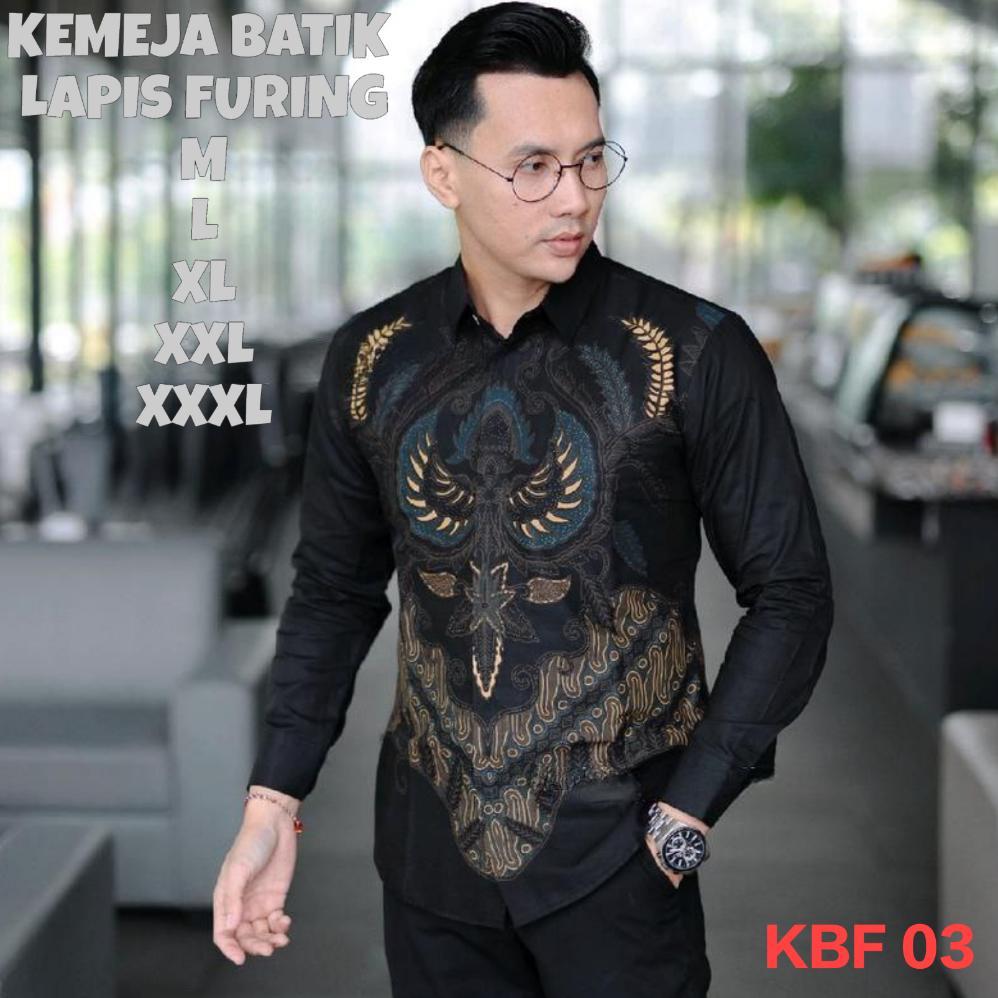 Cuci Gudang  Kemeja Batik Pria Lapis Furing Baju Batik Slimfit Lengan Panjang Warna Biru Denim