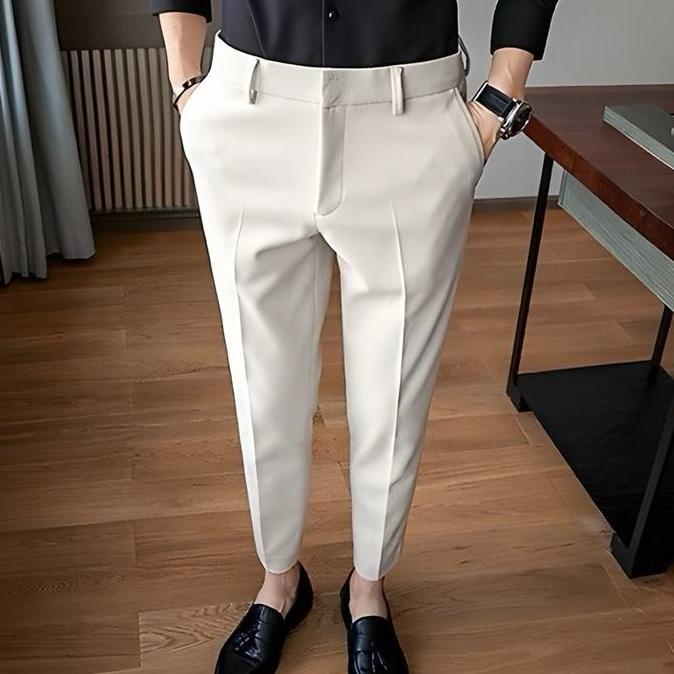 Boyboying- Celana Kantor Formal Pria Slimfit Bahan Dasar Kain Woll Kualitas Hitam Putih Cream