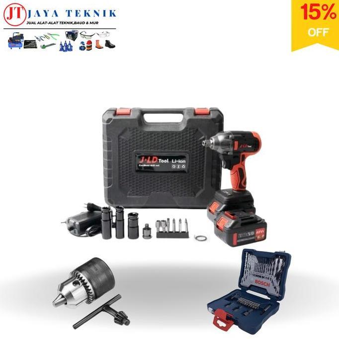 Promo Paket Lengkap Impact wrench Cordless JLD Merah 2 Baterai 350 NM Mesin Impact Wrench Baterai 48