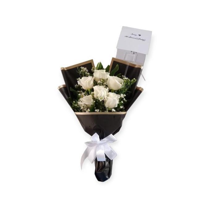Flowbty- BuketBunga Mawar Putih Asli Dan Fresh KertasHitam Hadiah Wisuda