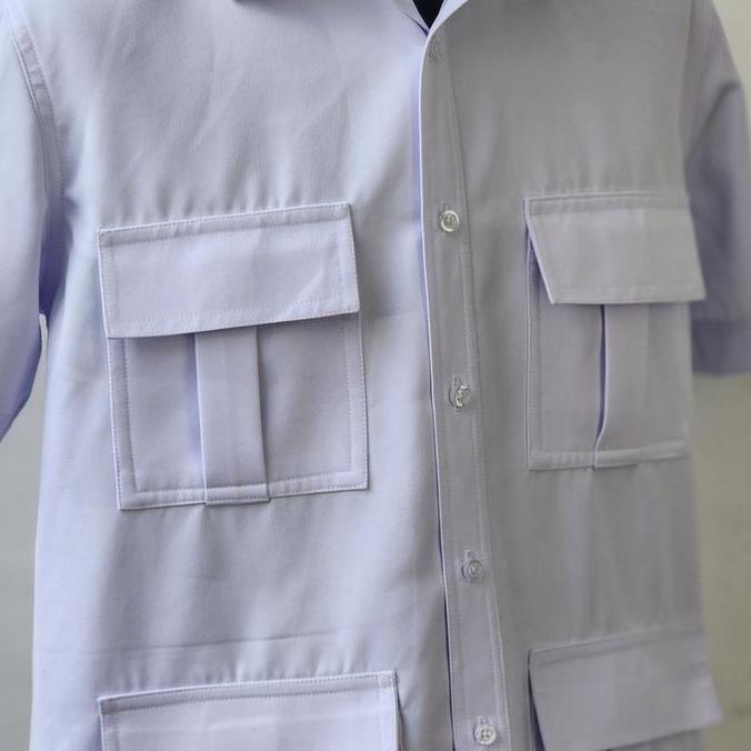 PRABOWO - Kemeja Pria Safari 4 Kantong Semi wool Lengan Pendek - Putih
