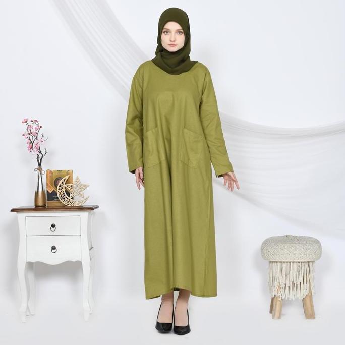 FREE ONGKIR SANDRA MIDI DRES GAMIS POLOS MAXI DRES  BAHAN KATUN LINEN MUSLIM WANITA