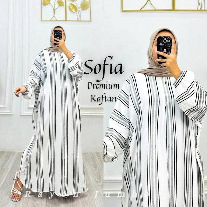 Salur Kaftan Rayon Jumbo - Sofia Kaftan Rayon Premium motif Blaster Putih Kaftan Simple Elegan