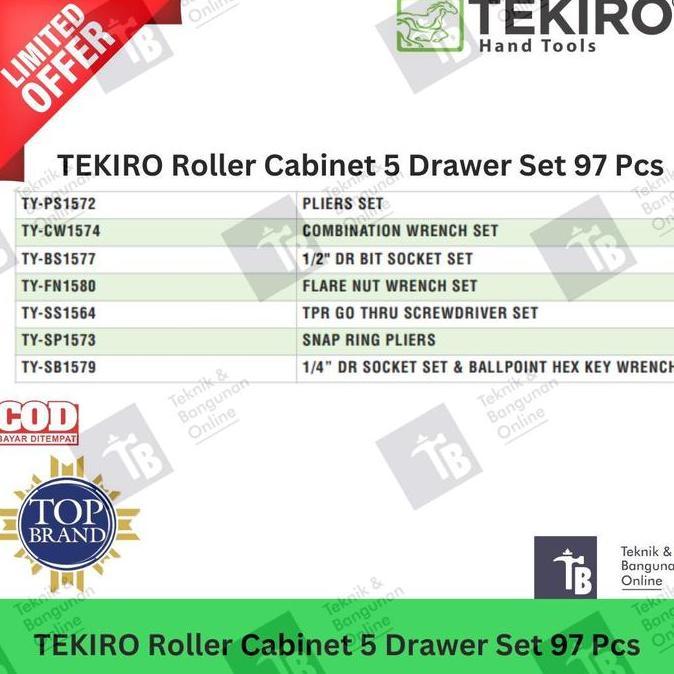 Tekiro Roller Cabinet St-Rc1638 5 Drawer 1Set (97Pcs) / Troli Kabinet Tempat Penyimpanan Perkakas Ba