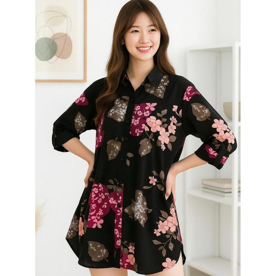 Zero Rajut Store - Kemeja Tunik Wanita Floral Monalisa Oversize | Atasan Long Shirt Casual Lengan Pa