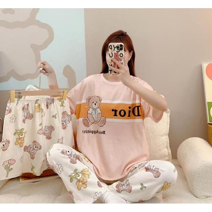 BAJU TIDUR SETELAN 3 IN 1 WANITA PIYAMA IMPORT BAHAN KAOS SPANDEKS