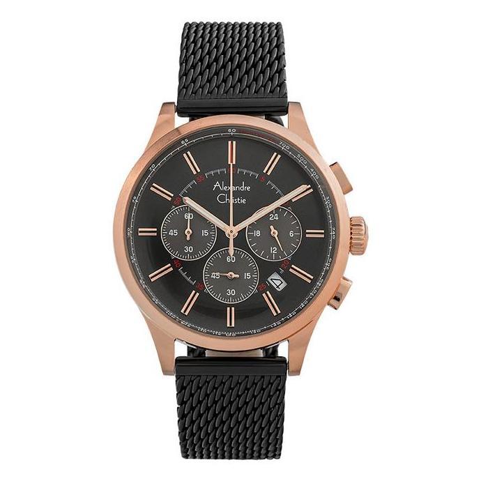 Jam Tangan Pria Alexandre Christie Chronograph AC 6574 MC BBRBA Men Black Dial Mesh Stainless Steel 