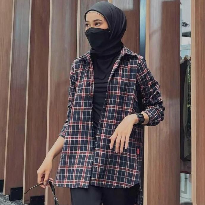 [WAR 5.5] DAUKY Baju Atasan Tunik Panjang M Tunic Basic Tartan Motif Kotak Wanita Muslim Dewasa Rema
