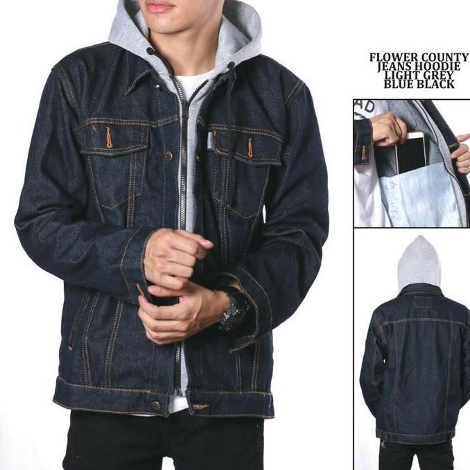 Jaket Jeans Jumbo Hoodie Ariel Pria Big Size Bahan Jeans Bajatex Tebal Warna Blue Black Flower Count