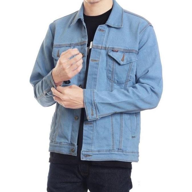 Jaket Jeans Denim Polos Pria Casual Panjang Distro Biru Hitam Cowok Nyaman Keren Ukuran M L Xl XXL