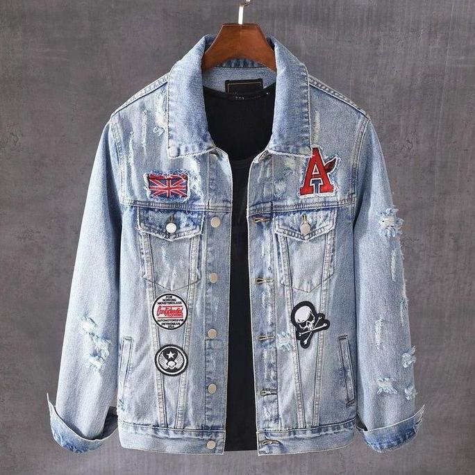 JAKET JEANS DENIM BORDIR TEMPEL BLUE TERBARU COWOK CEWEK KEREN