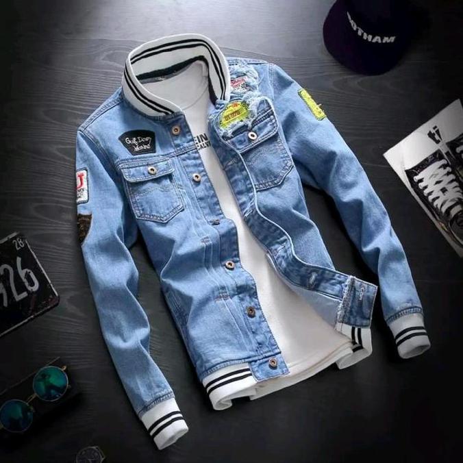 Jaket Jeans Pria Model Tempel Emblem Full Bordiran Dengan Leher Baseball
