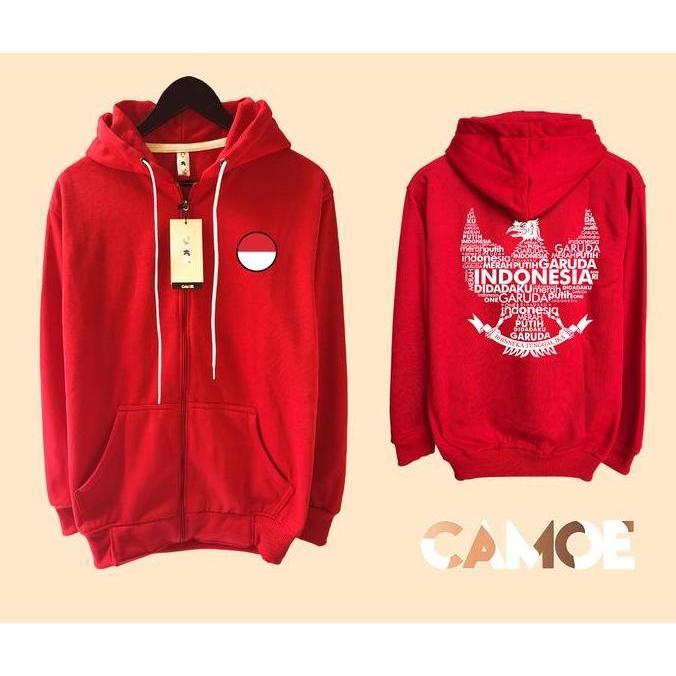 Jaket Hoodie Zipper CAMOE Garuda Merah putih di dadaku INDONESIA