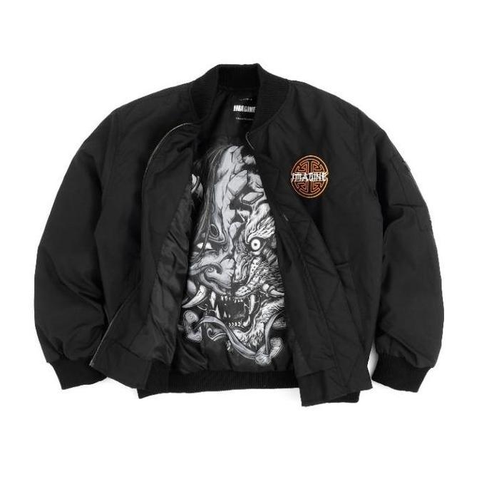 Imagineco Jacket Bomber Bordir Hitam Unisex Taslan Parasut Mayer Wateroof "Oni Ter" Panjang Sablon