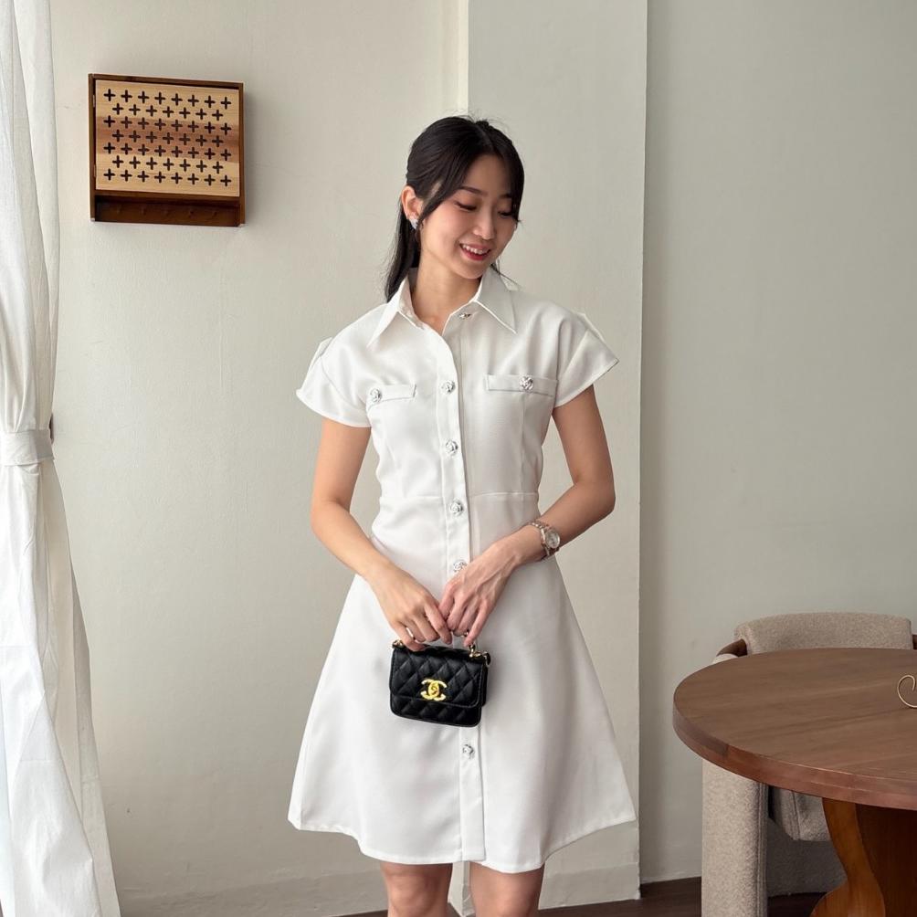 D12053 Levi Silver Buttons A-Line Collar Dress / Dress Elegan Formal Wanita