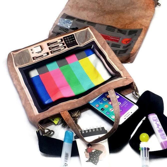 Tas Totebag Combo Bahu Selempang Vintage TV Televisi Kuno Jadul Unik Kado Kocak Shrelo Bahan Kanvas 