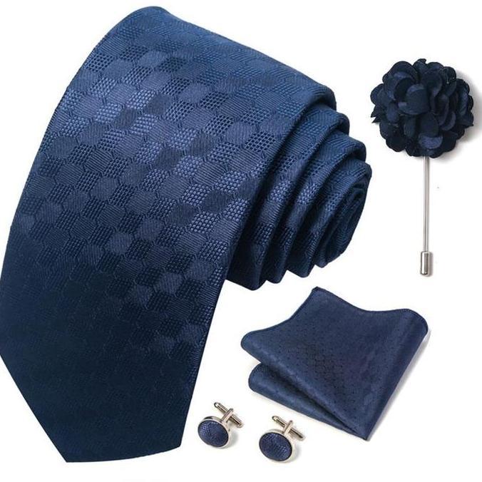 KIAMA - Dasi Set Formal Batik Biru Muda Sky Biru Navy Dongker Biru Tua Cufflink Saputangan Jas Ready