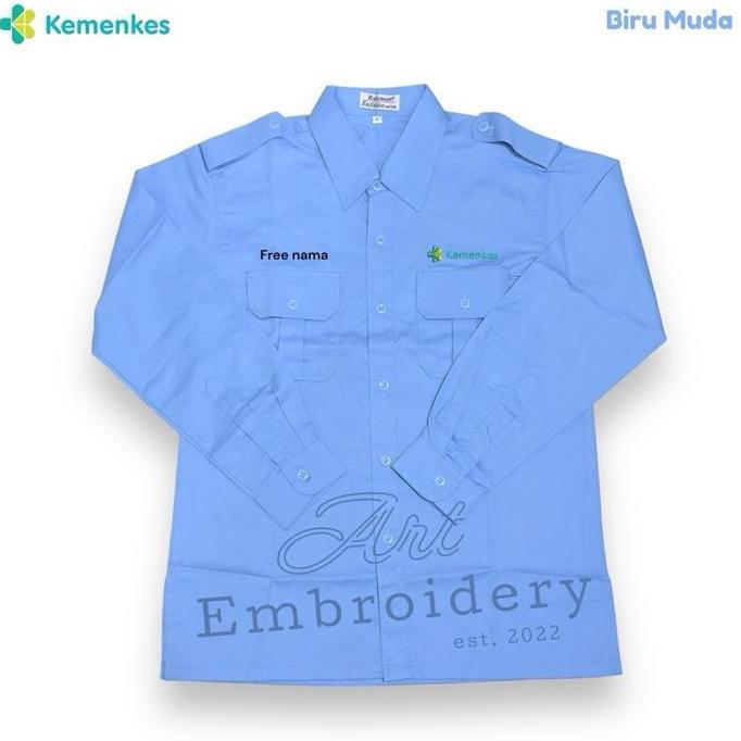 Kemeja Seragam Kemenkes RI Warna Biru Muda Pria-wanita  Bahan American drill Lengan Panjang-Pendek B