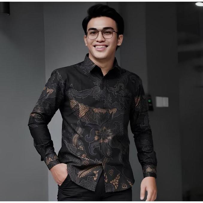 DISKON BAJU KEMEJA BATIK PRIA LENGAN PANJANG CASUAL HITAM MOTIF TERBARU PREMIUM FORMAL BAHAN KAIN NY