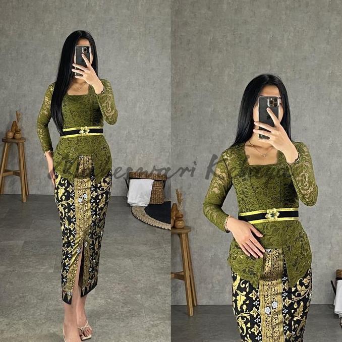 Diskont Kebaya Bali Set Brukat Panjang Hijau Army