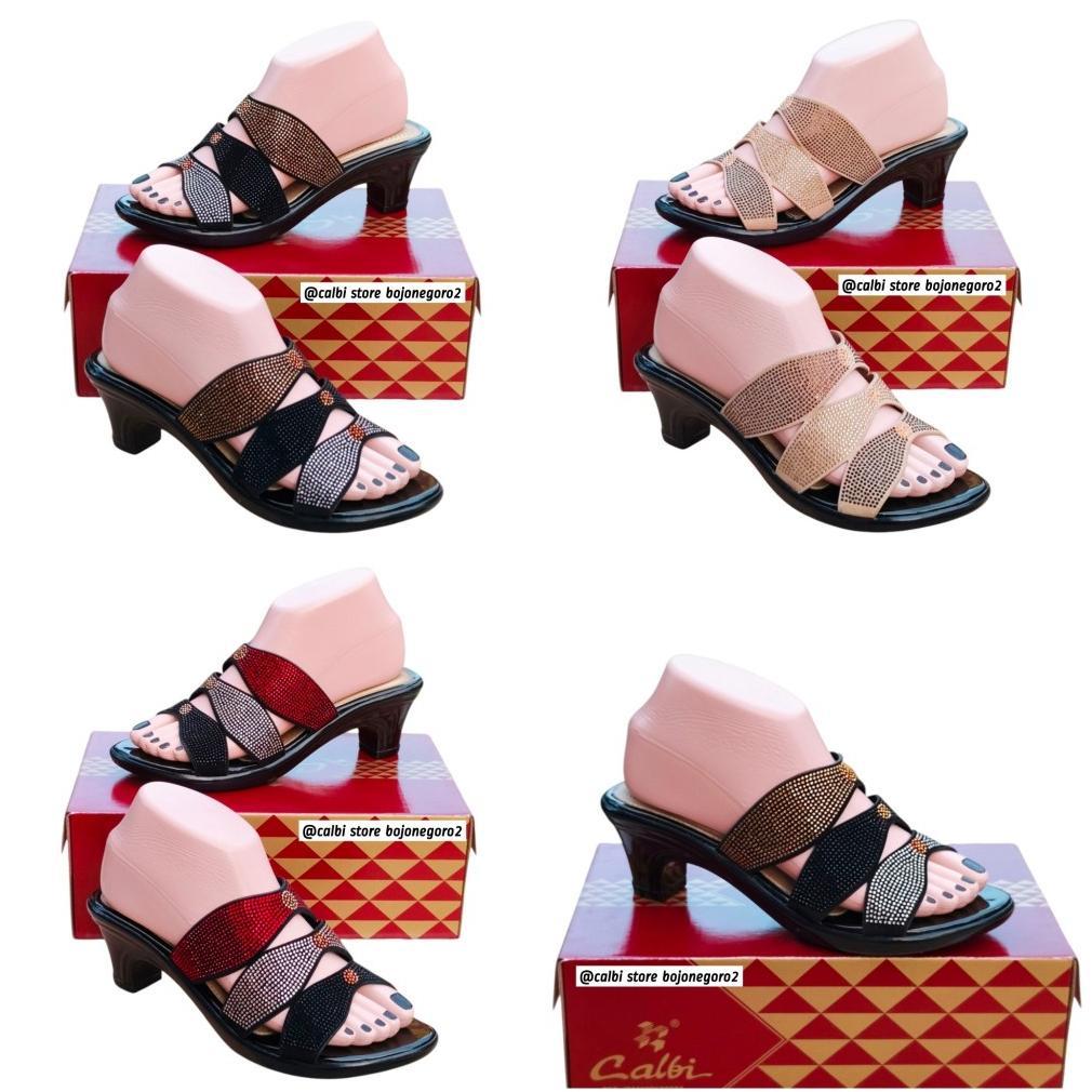 ( ) Sandal Calbi Heels 5Cm Berhias Permata Mewah & Glamour