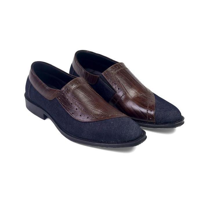 SEPATU Pantofel Kerja Semi Formal Pria Hitam WETAN Nusantara 1 Slip On  Bahan Denim Classic Shoes