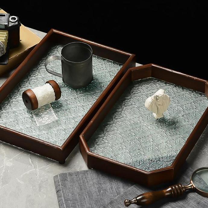 Vixplorn-Tray Aksen Kayu Baki Motif Plastik Estetik Nampan Alas Saji Teh Kopi Jus Minuman Snack/ Bak