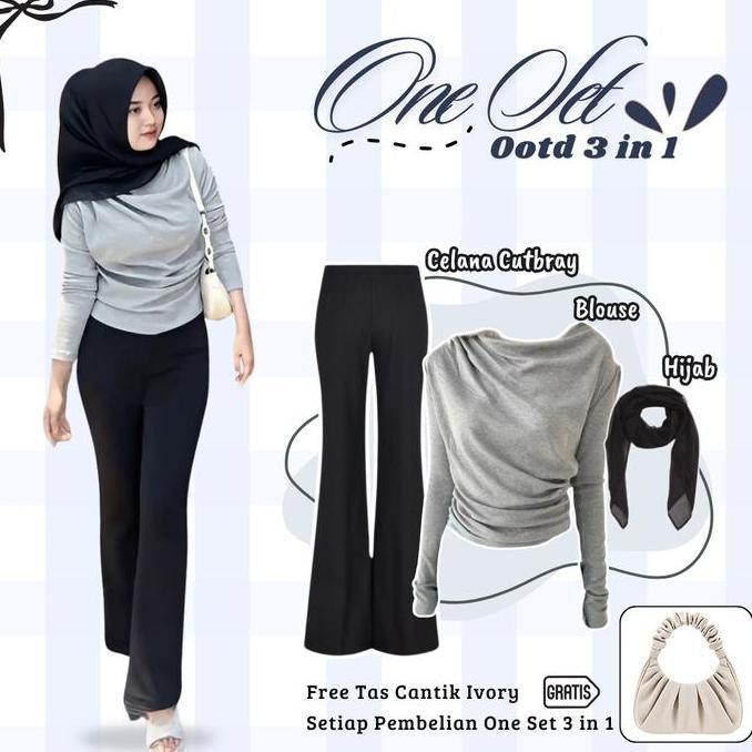 One Set Ootd 3 in 1 ( Celana Cutbray - Blouse - Hijab Bella Square ) Outfit Y2K Style Cewek Trendy B