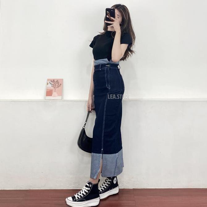 BEST SELLER ERZA SKIRT JEANS/ ROK JEANS HIGH WAIST WANITA PANJANG HITAM /LEA STORE