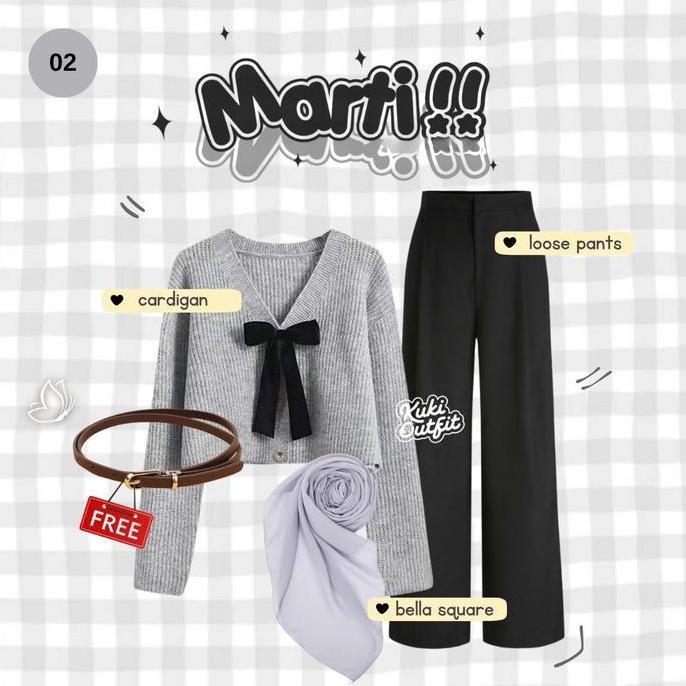 KUKI OUTFIT - Marfie OOTD 1 Set Pakaian Wanita (Cardigan, Rok Susun, Bella Square) Setelan Rok Kekin