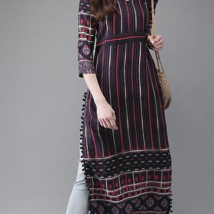 Laqueens Anouk Navy stripe Baju India atasan dewasa kurta India remaja high slit navy stripe Dress W