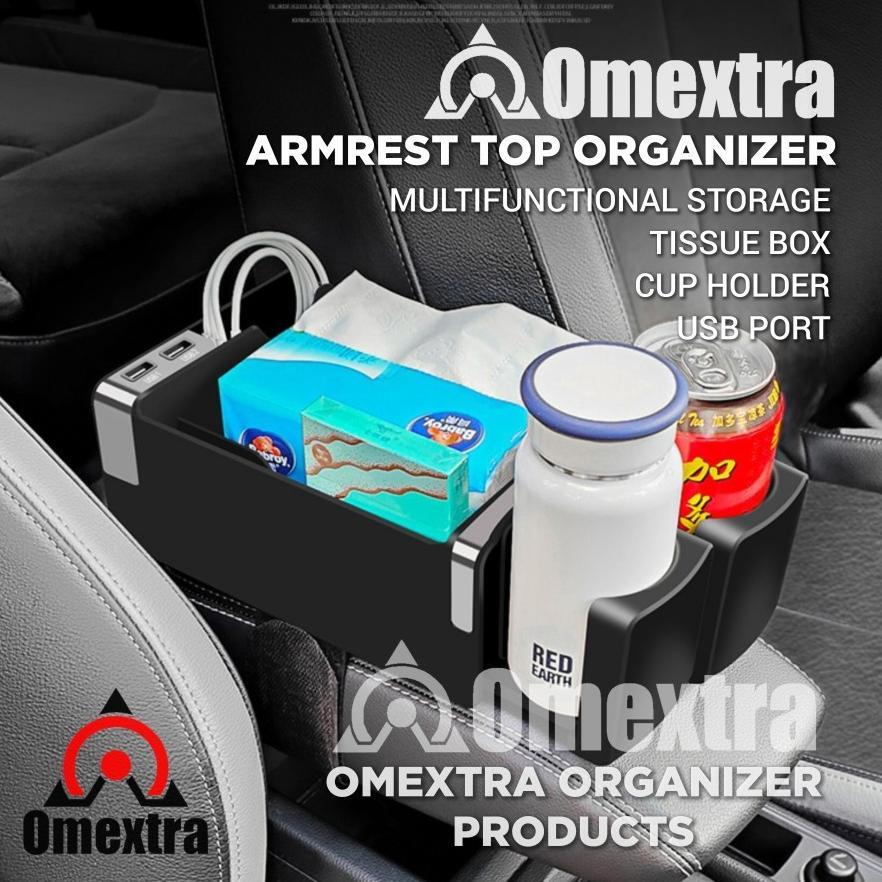 Armrest Top Organizer Box Indomextra Tempat tisu Cup Holder Mobil Charger HP Mobil