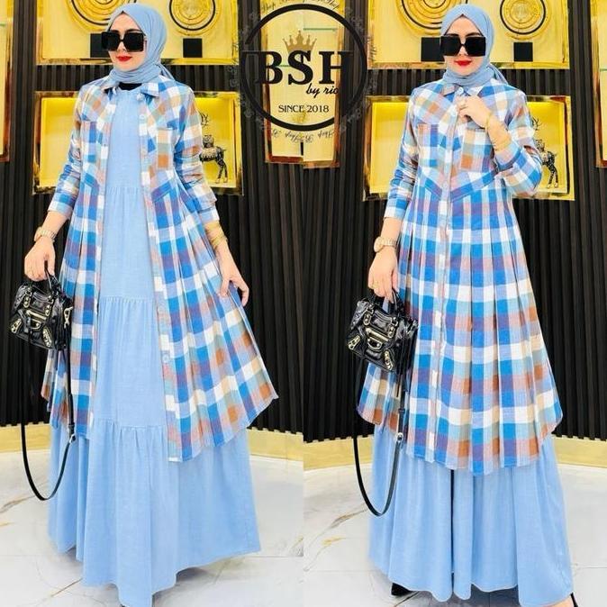 BSH by Ria Set Cardigan Gamis Piramid Bshop Katun Desain Kotak-Kotak Cantik Nyaman Panjang Forma Top