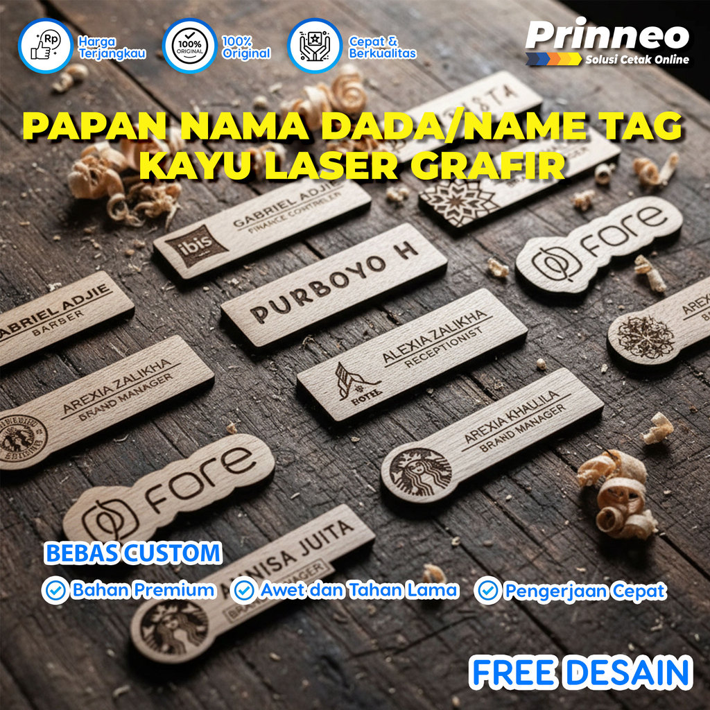 Name Tag Kayu Custom Bentuk Bebas Papan Nama Dada Magnet Laser Grafir Unik Aesthetic - Prinneo