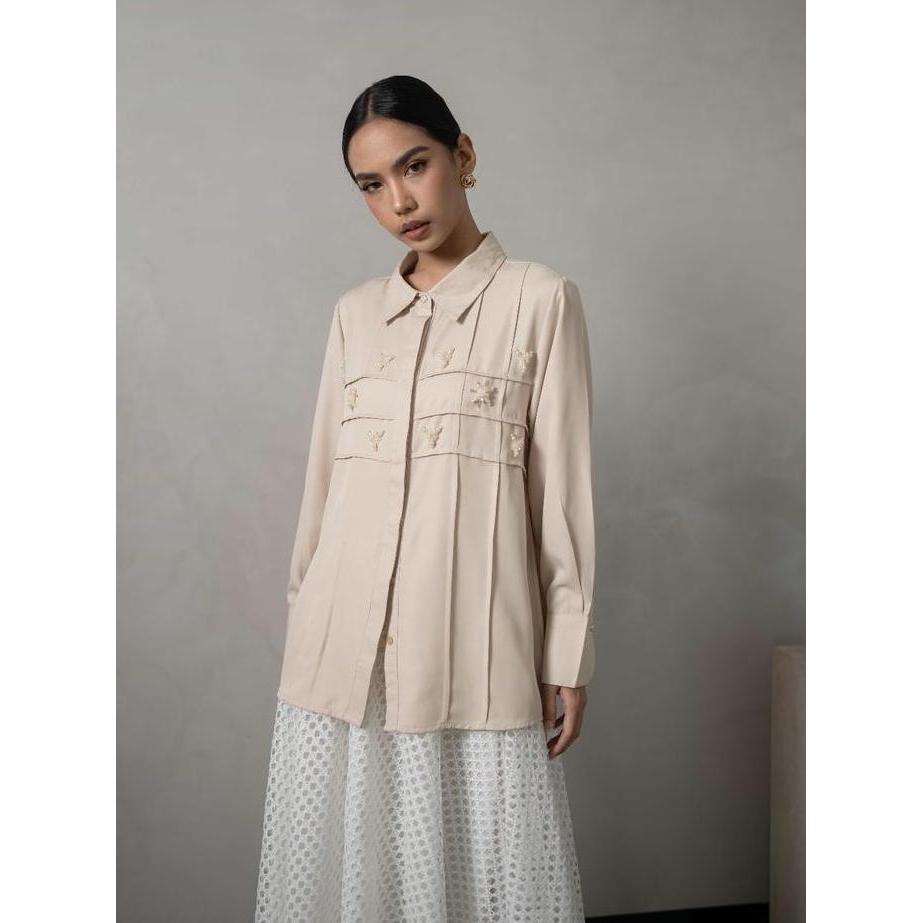 Mayoutfit Denima Shirt | Atasan Kemeja Wanita Basic Aksen Beads