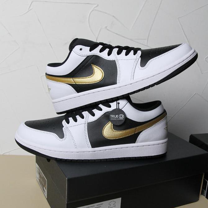 Air Jordan 1 Low White Black Metallic Gold Swoosh Authentic
