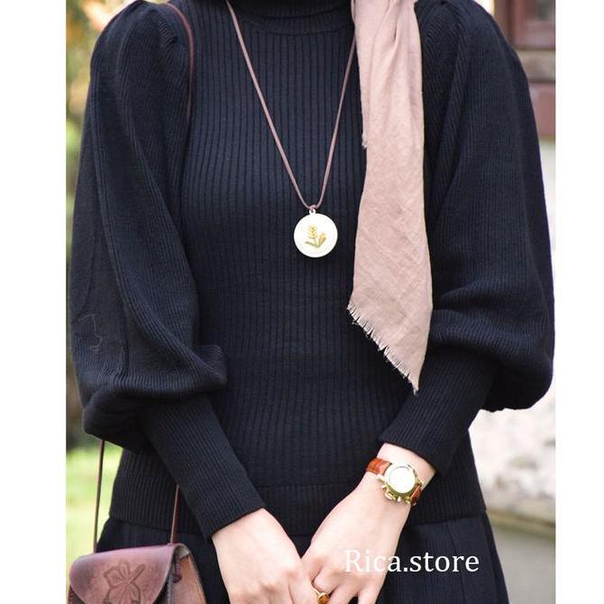 BLOUSE WANITA KNIT AQILA lengan balon bahu rempel Knitwear Baju Atasan