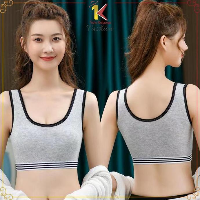 P331 Pakaian Dalam Tengtop BH Olahraga Wanita Gaya Korea Lis Garis Polos Cewek Impor