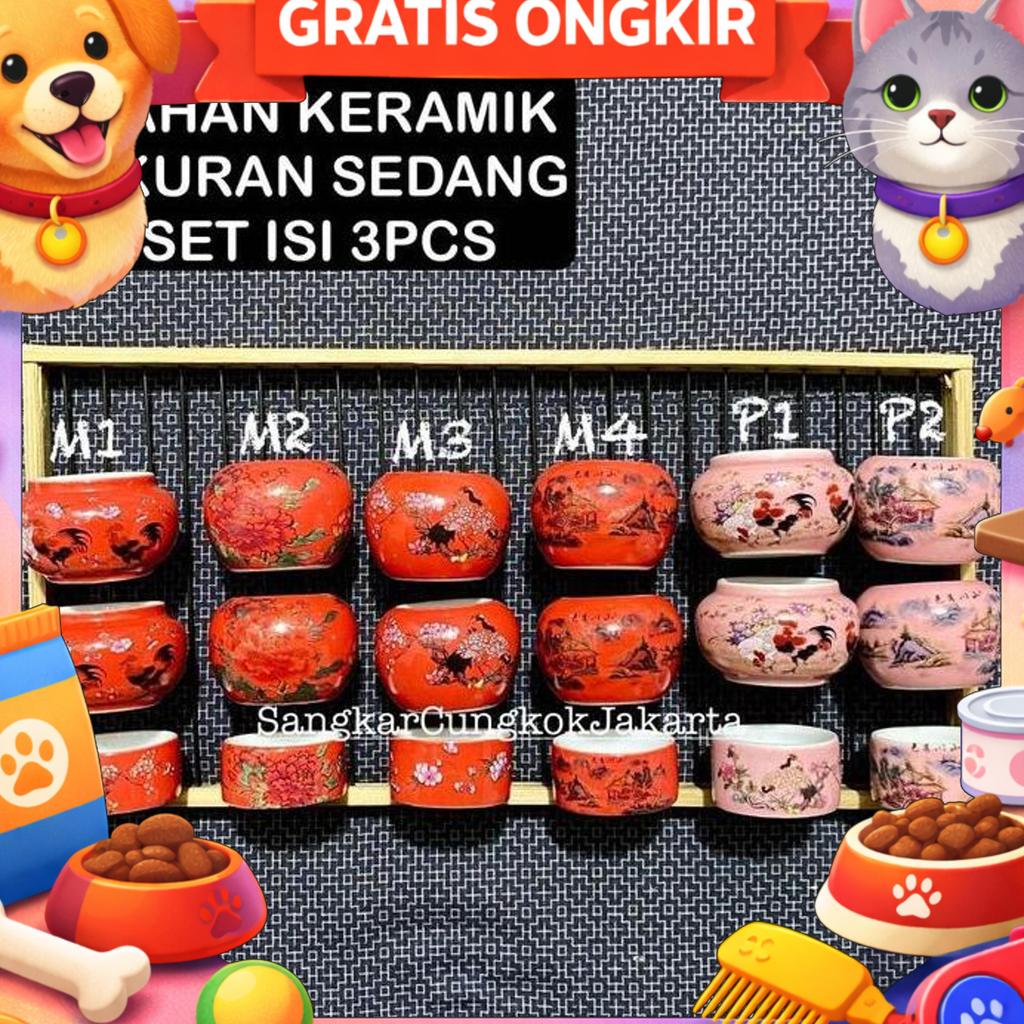Cepuk Cungkok Keramik Sedang Tieumi Branjangan Pleci Set 3Pcs