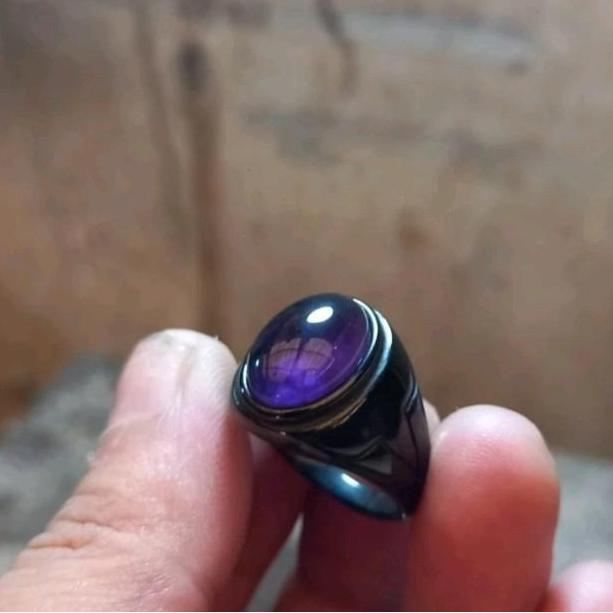 Cod,Bisa- Cincin Batu Kecubung Kalimantan Ring Titanium Hitam