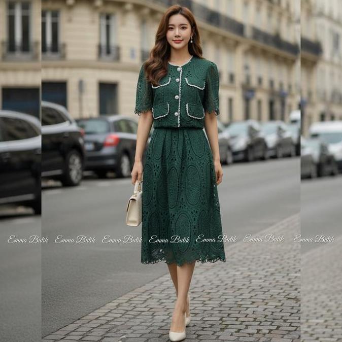 Sendtoday- Emma.Butik E00560 Setelan Brokat Rok Midi Wanita Pesta Lengan Pendek Wisuda Remaja Atasan