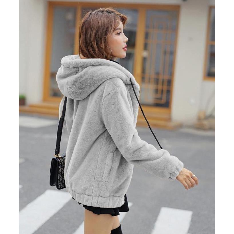 Unik Hoodie Bulu Wanita Bulu Kucing  Musim Dingin Jaket Sherpa Bulu Wanita Terbaru Baju Cewek Oversi