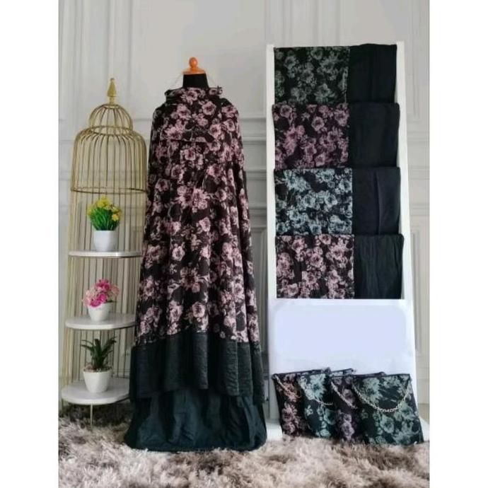 DISKON MUKENA KATUN VISCOSE HITAM JUMBO MOTIF BUNGA RENDA KARET DEWASA FREE TAS TALI RANTAI MEWAH RE