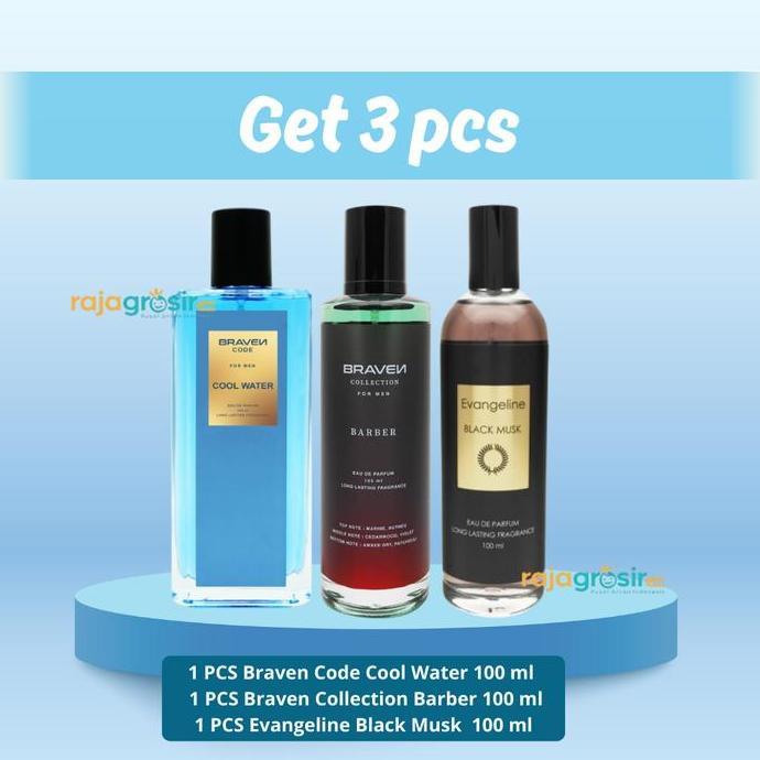Aroma- [Get 3] Parfum Braven Cool Water , Braven Barber , Evangeline Black Musk 100Ml 100Ml  Eau De 