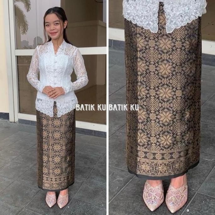 Rok Songket Span dengan Karet Pinggang dan Resleting Belakang - Kancing Motif Panjang Tenun Wanita H