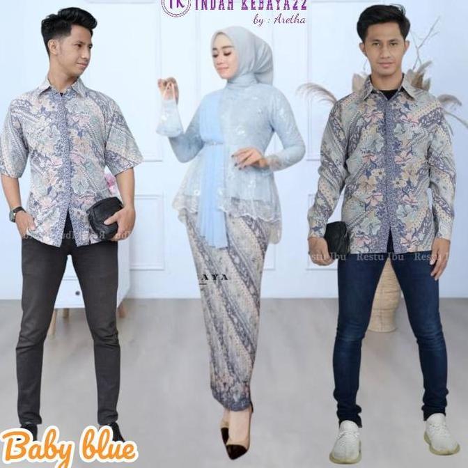 Promo Setelan Kebaya Couple Lamaran Modern Aurora Selendang Brokat Tile Pasangan Kemeja Batik Pria K