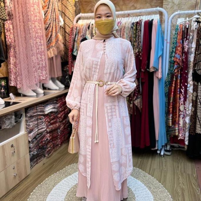 Sale Set Gamis Ceruti Motif Plisket Gies Wanita Muslim Ceruty Outer Formal Dress Panjang Mewah Layer