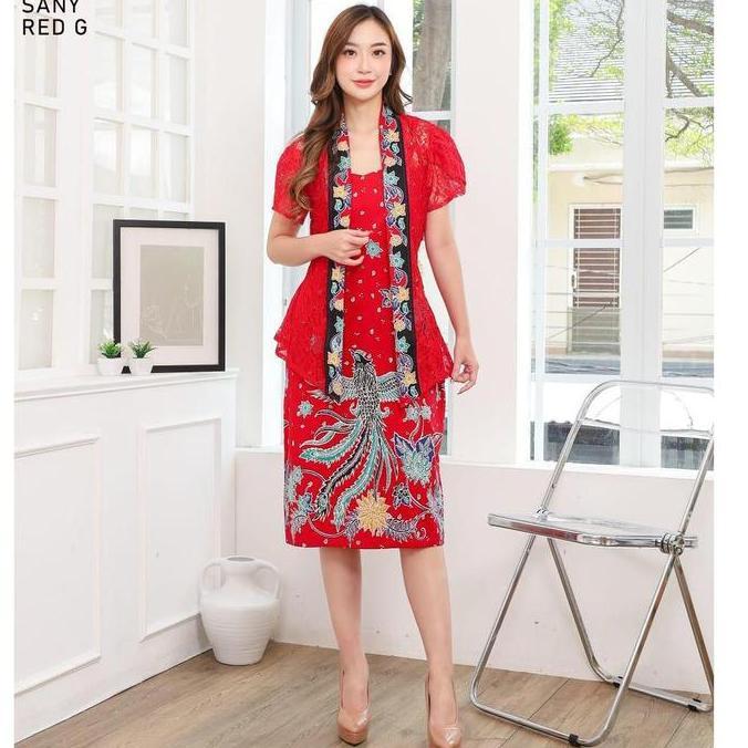Murah Evercloth Sany Red G Kebaya Batik Dress Wanita Batik Couple Modern Dress Batik Modern Gaun Pes