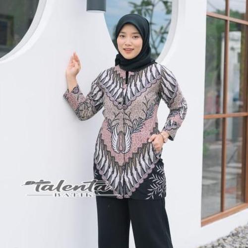 Grosir Tunik Batik Wanita Premium Bahan Cotton Lapis Full Trikot Warna Peach Pink Putih - Massa Bati